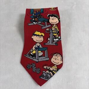 Vintage Snoopy Exercise Gym Tie Peanuts, 100% Silk, USA, Red, 90’s Bnfts Chrty